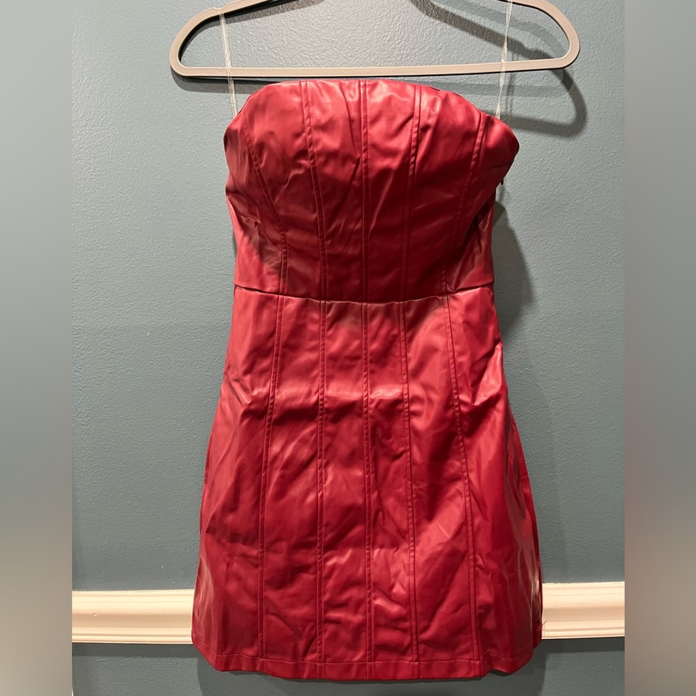 NEW. Rivir red vegan leather strappless dress. Small